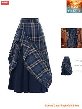 High Waist Layered Long Plaid Skirt with Pockets Two-Way Wear